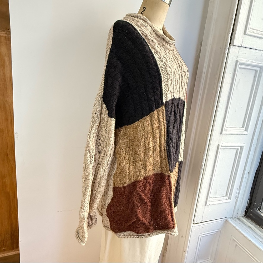 Blarney Irish Woollen Mills Fisherman Brown Tan checked Aran cable knit sweater - Picture 5 of 11